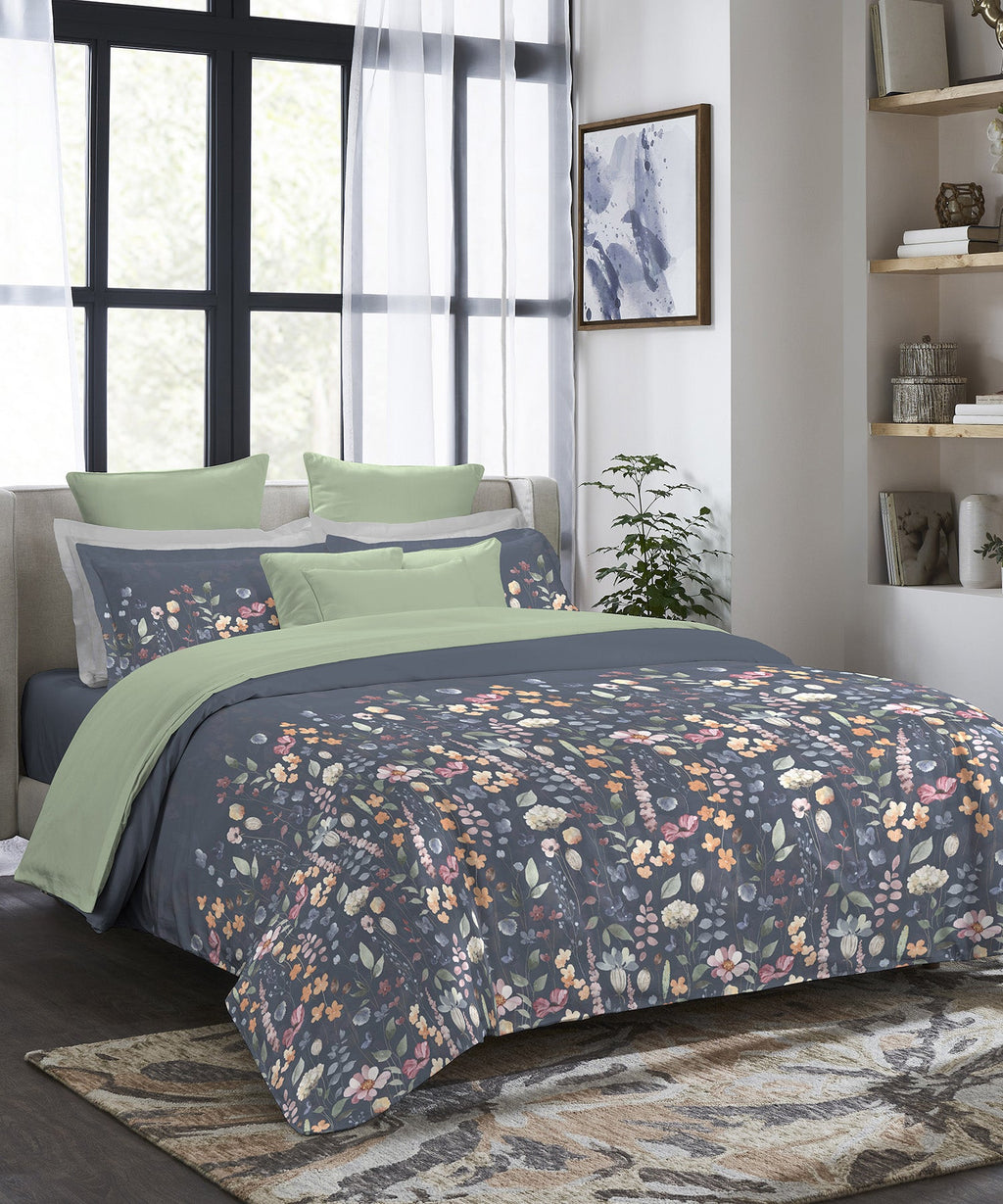 Indulgence Painterly Pattern King Bedsheet Set, Blue Bell|300TC Cotton| 4 Pillow Covers