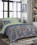 Indulgence Painterly Pattern King Bedsheet Set, Blue Bell|300TC Cotton| 4 Pillow Covers