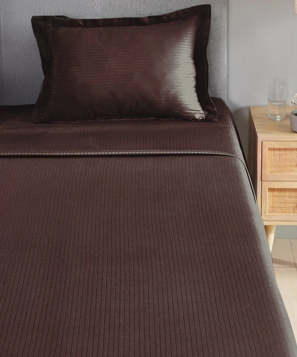 Classic Stripe Solid Dyed Single Bedsheet Set, Brown Syrup|210 TC Cotton|1 Pillow Cover