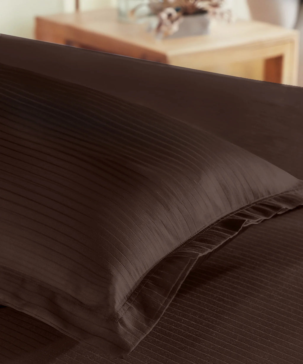Classic Stripe Solid Dyed Single Bedsheet Set, Brown Syrup|210 TC Cotton|1 Pillow Cover