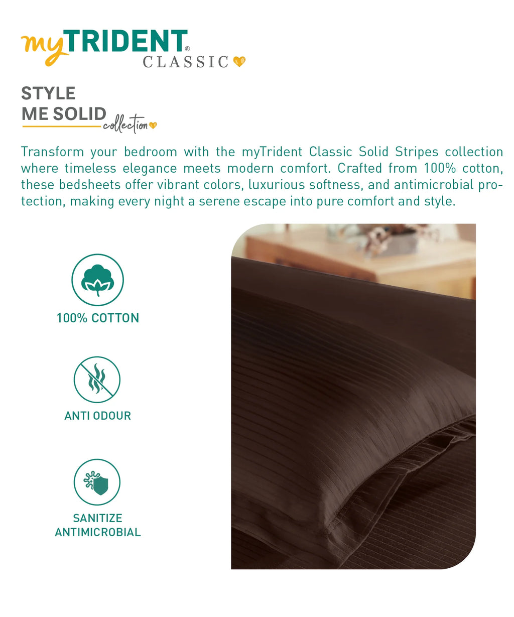 Classic Stripe Solid Dyed Single Bedsheet Set, Brown Syrup|210 TC Cotton|1 Pillow Cover
