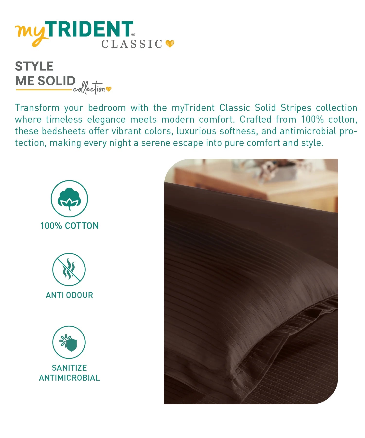 Classic Stripe Solid Dyed Single Bedsheet Set, Brown Syrup|210 TC Cotton|1 Pillow Cover