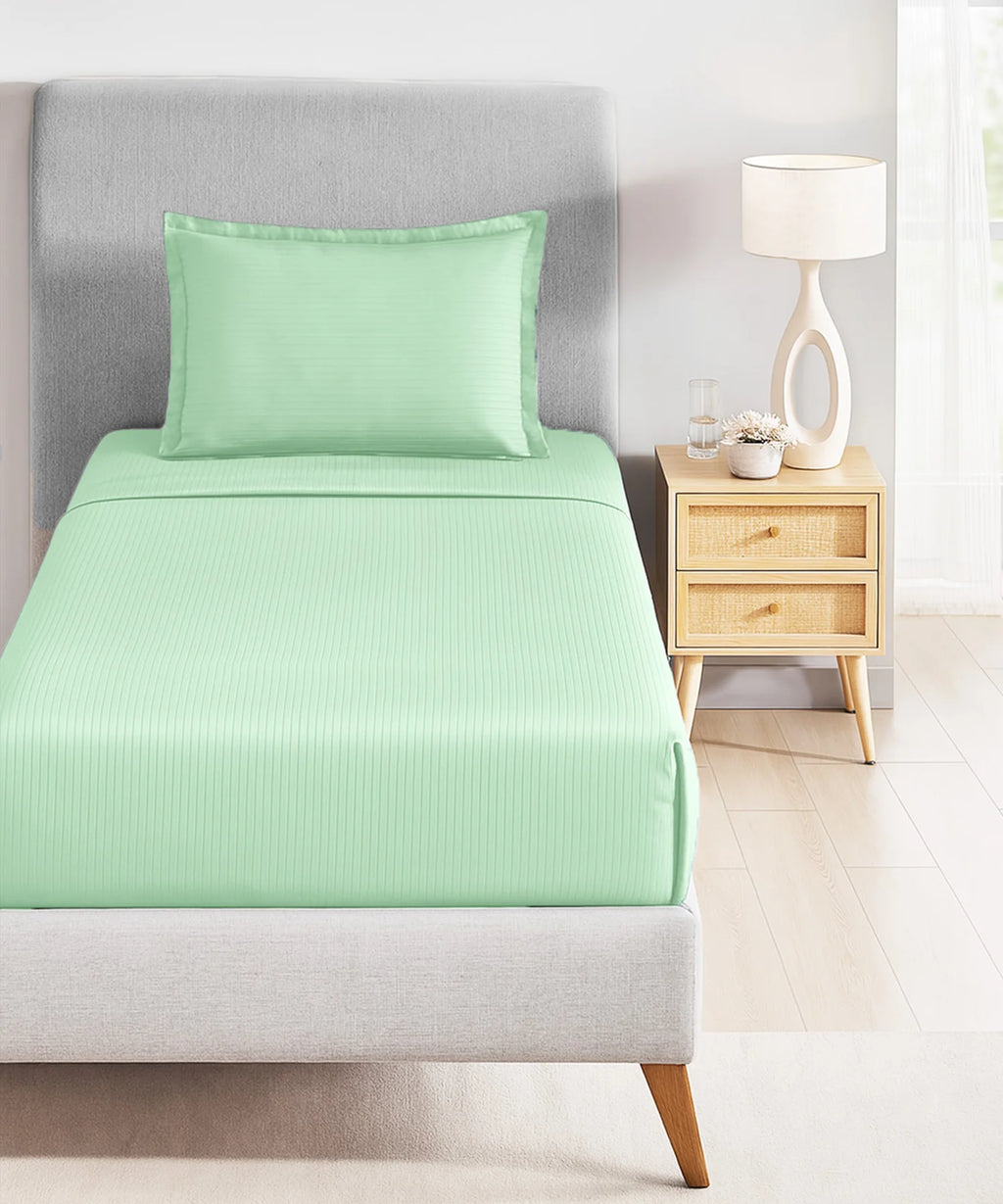 Classic Stripe Solid Dyed Single Bedsheet Set, Sea Foam|210 TC Cotton|1 Pillow Cover