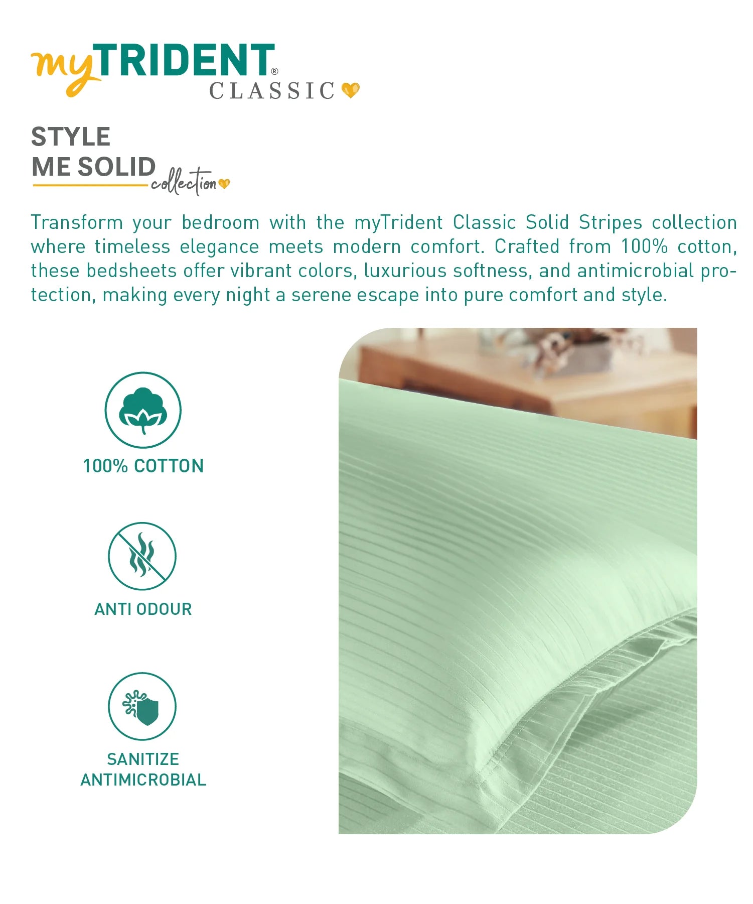 Classic Stripe Solid Dyed Single Bedsheet Set, Sea Foam|210 TC Cotton|1 Pillow Cover