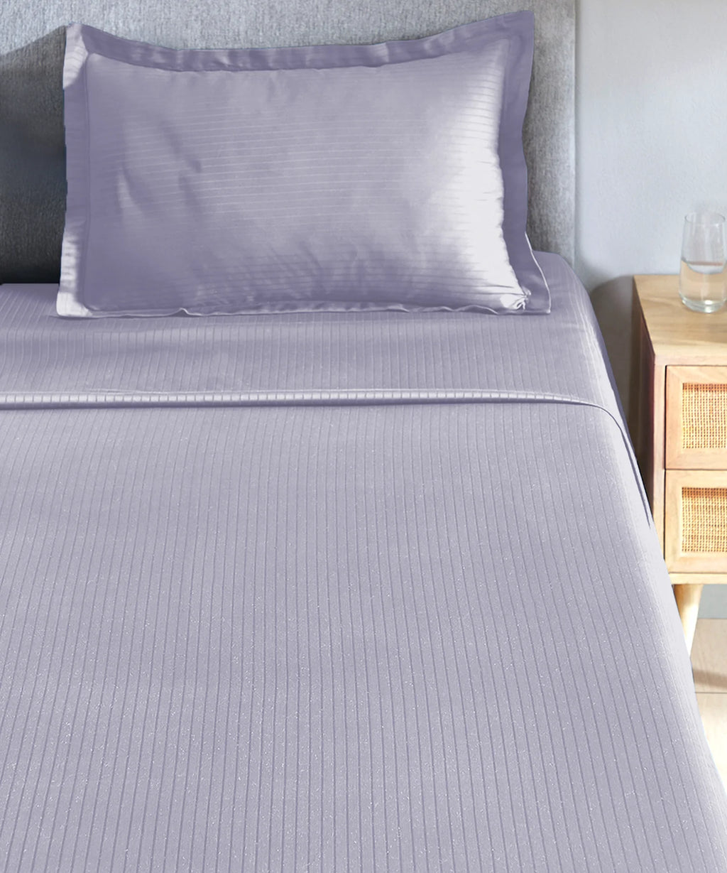 Classic Stripe Solid Dyed Single Bedsheet Set, Amethyst|210 TC Cotton|1 Pillow Cover