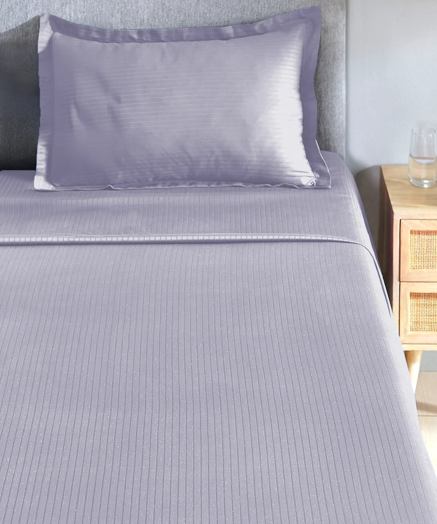 Classic Stripe Solid Dyed Single Bedsheet Set, Amethyst|210 TC Cotton|1 Pillow Cover