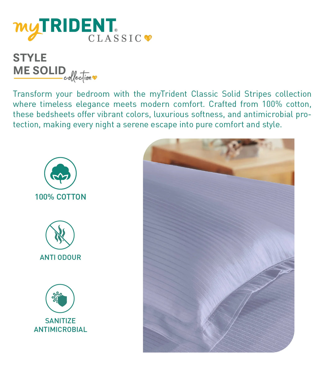 Classic Stripe Solid Dyed Single Bedsheet Set, Amethyst|210 TC Cotton|1 Pillow Cover