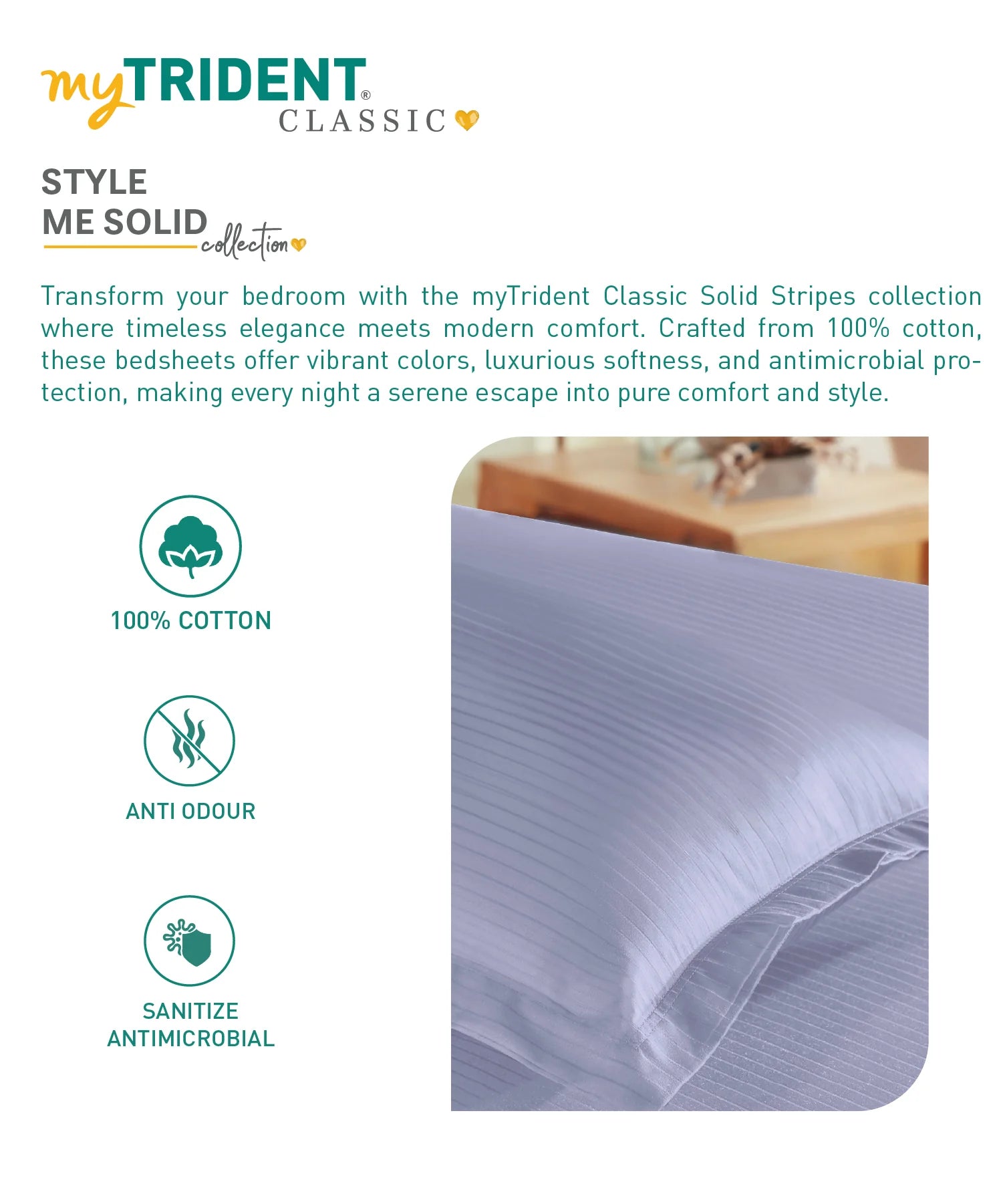 Classic Stripe Solid Dyed Single Bedsheet Set, Amethyst|210 TC Cotton|1 Pillow Cover