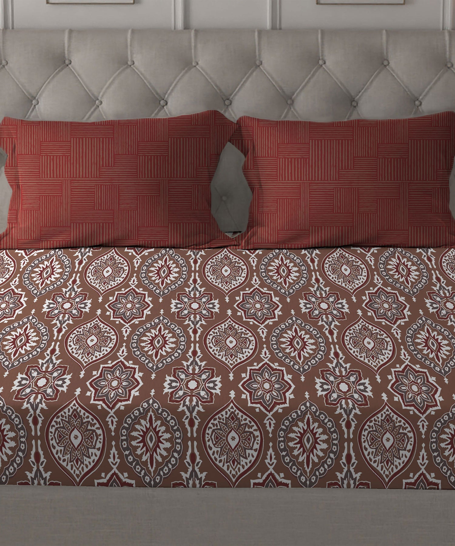 Comfort Living Queen Bedsheet Set, Ajrakh Red|120 TC Cotton|2 pillow covers
