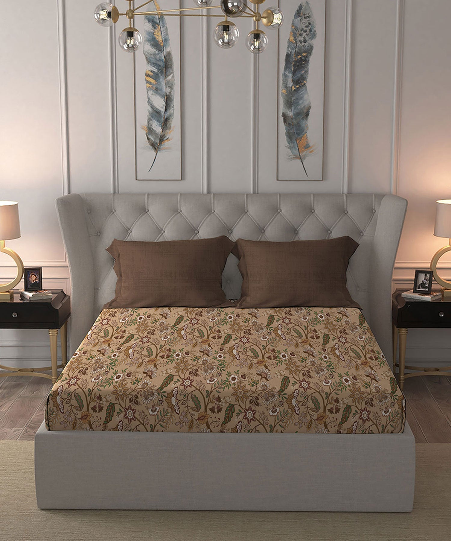 Celebration Queen Bedsheet Set, Chintz Brown|144 TC Cotton|2 Pillow Covers