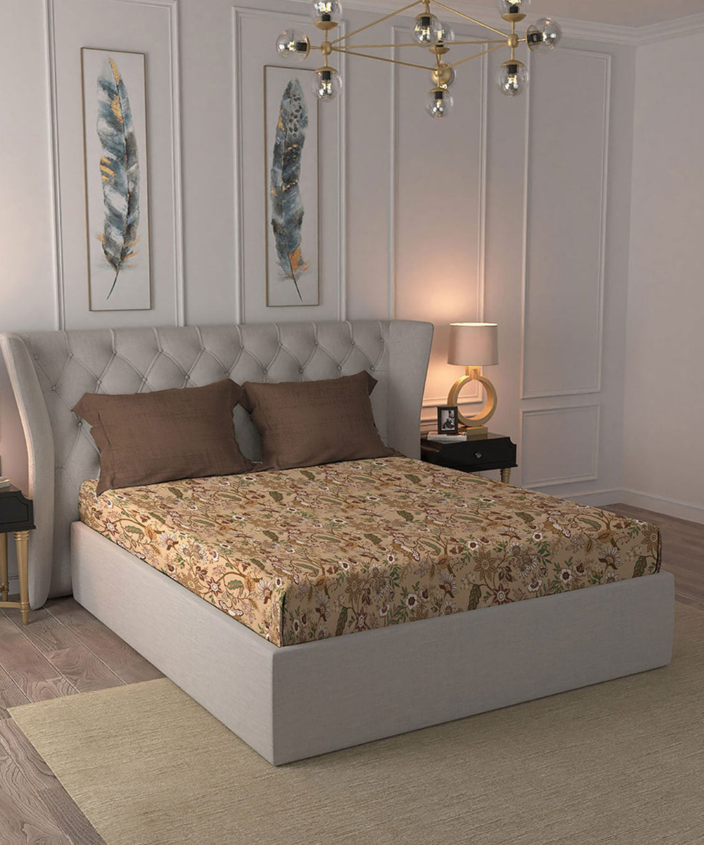 Celebration Queen Bedsheet Set, Chintz Brown|144 TC Cotton|2 Pillow Covers