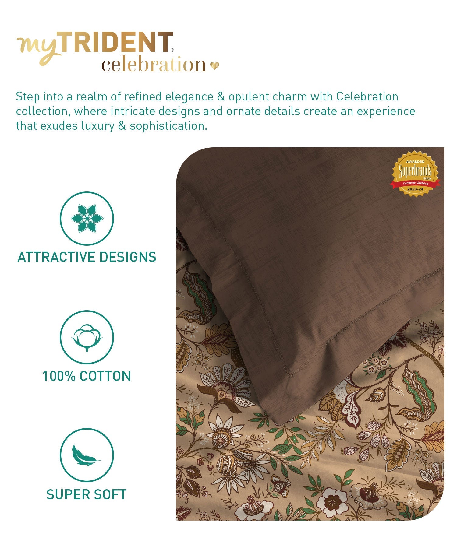 Celebration Queen Bedsheet Set, Chintz Brown|144 TC Cotton|2 Pillow Covers