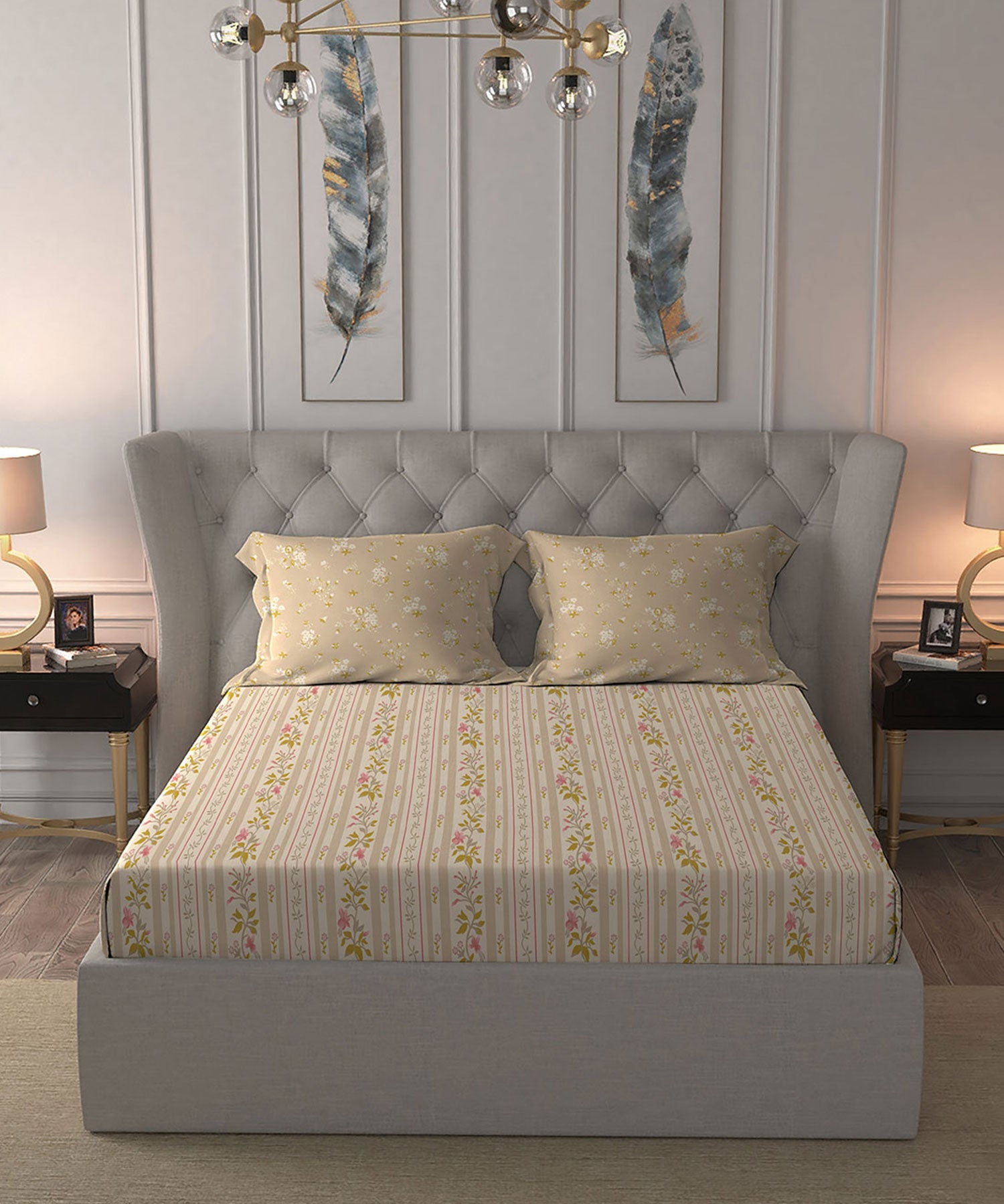 Celebration Queen Bedsheet Set, English Garden Pink|144 TC Cotton|2 Pillow Covers