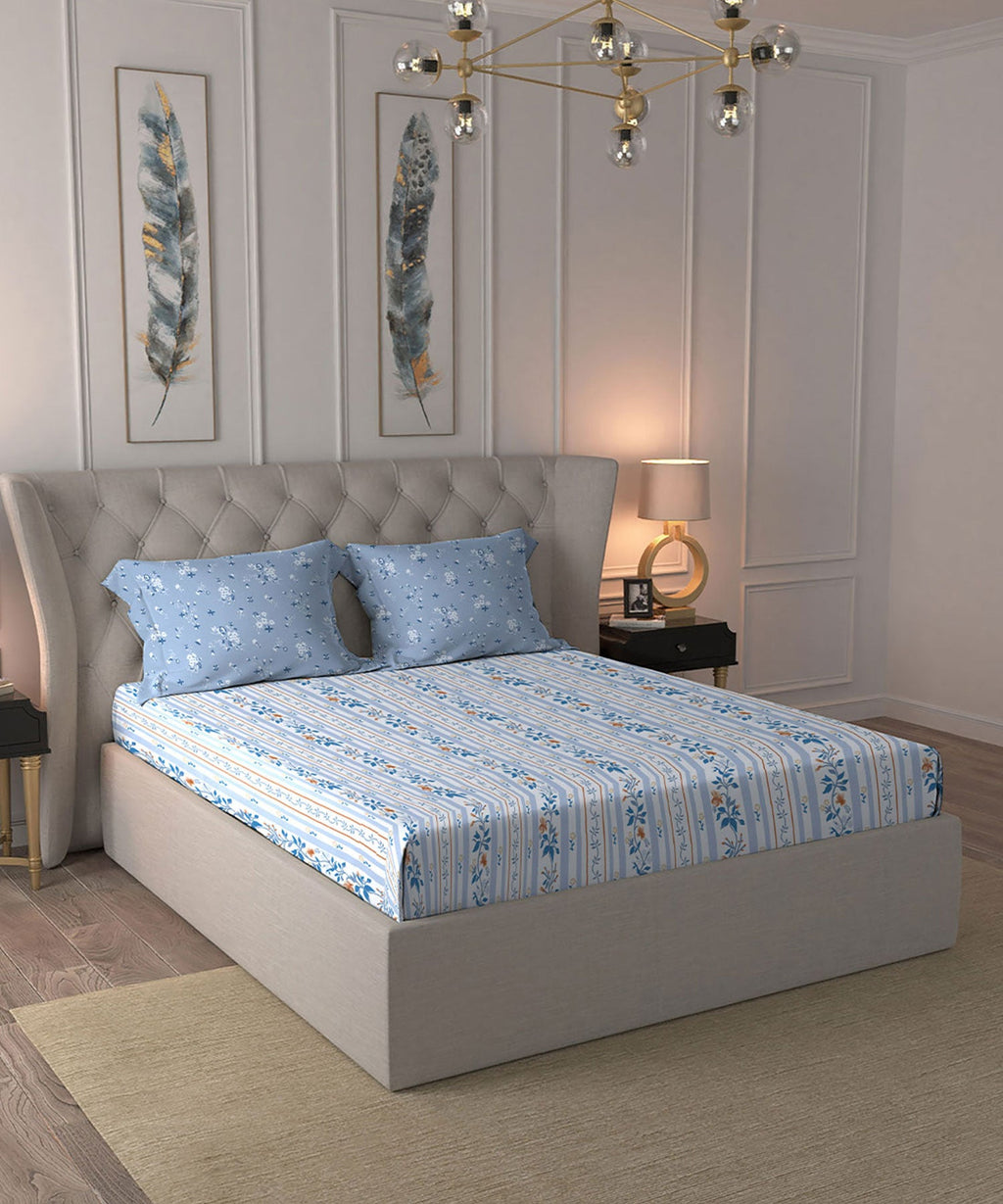 Celebration Queen Bedsheet Set, English Garden Blue|144 TC Cotton|2 Pillow Covers