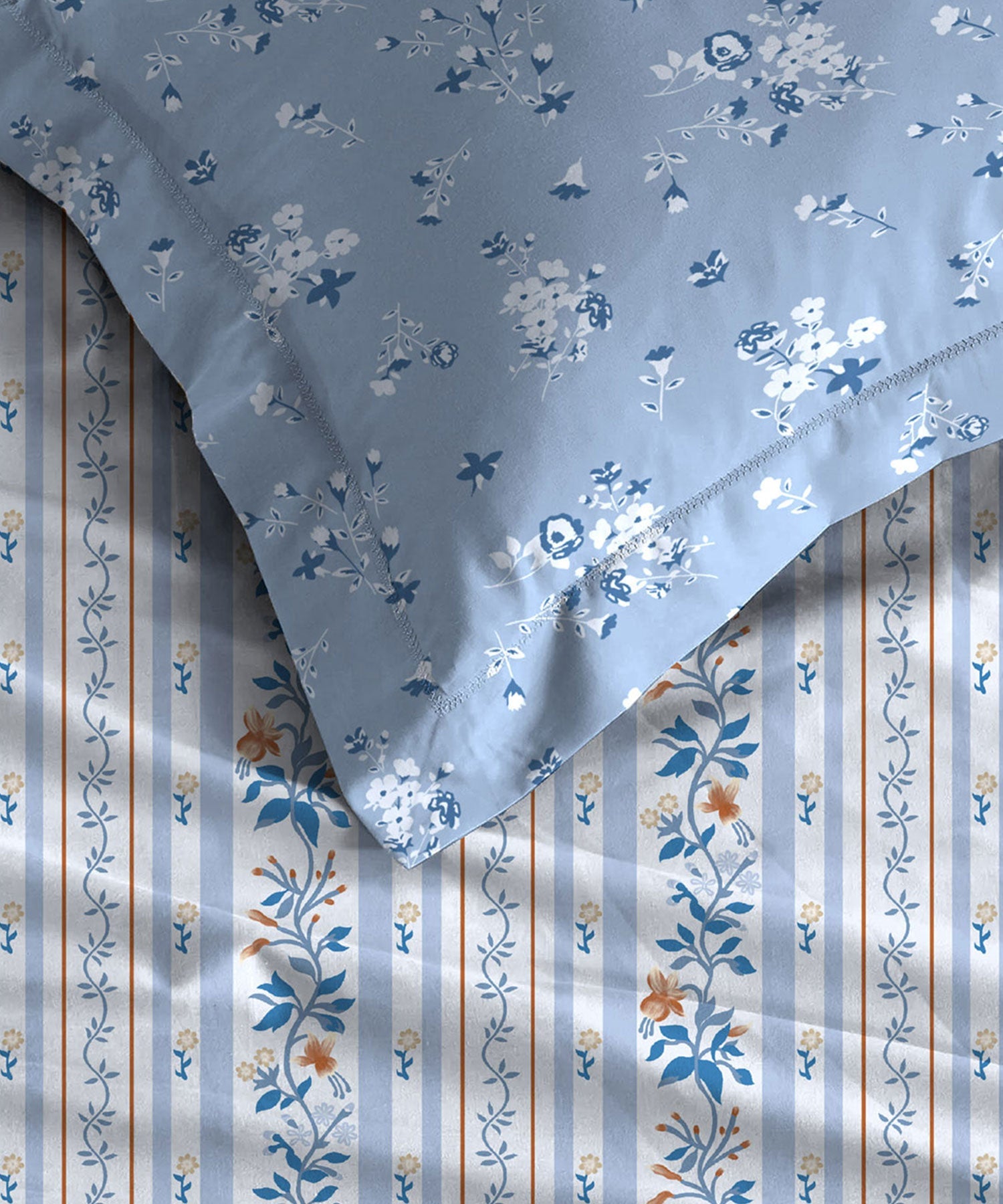 Celebration Queen Bedsheet Set, English Garden Blue|144 TC Cotton|2 Pillow Covers