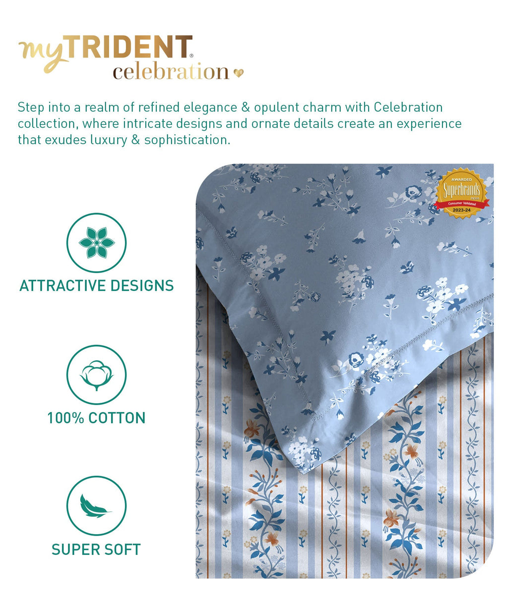Celebration Queen Bedsheet Set, English Garden Blue|144 TC Cotton|2 Pillow Covers