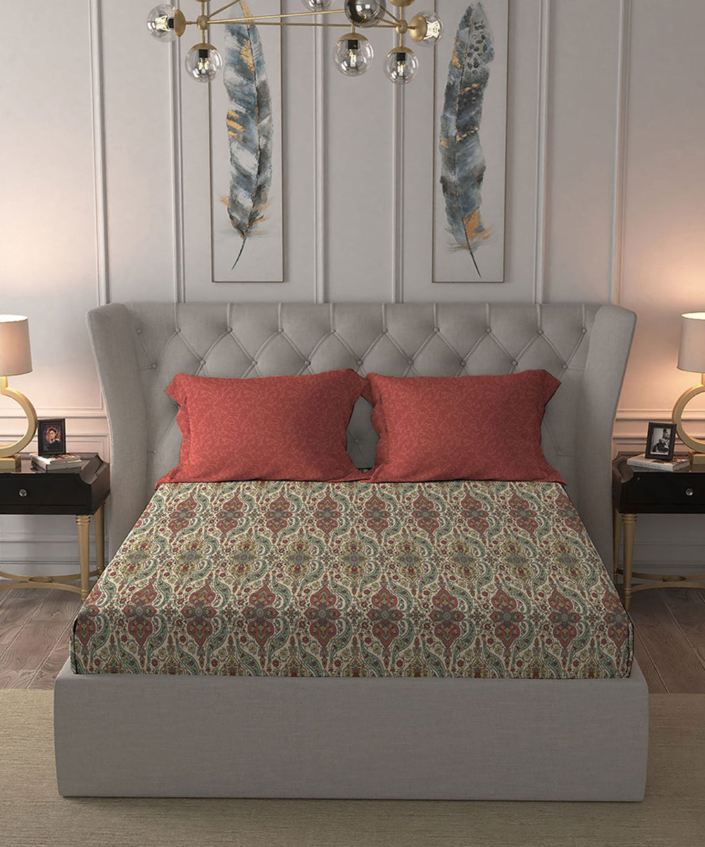Celebration Queen Bedsheet Set, Feza Beige|144 TC Cotton|2 Pillow Covers