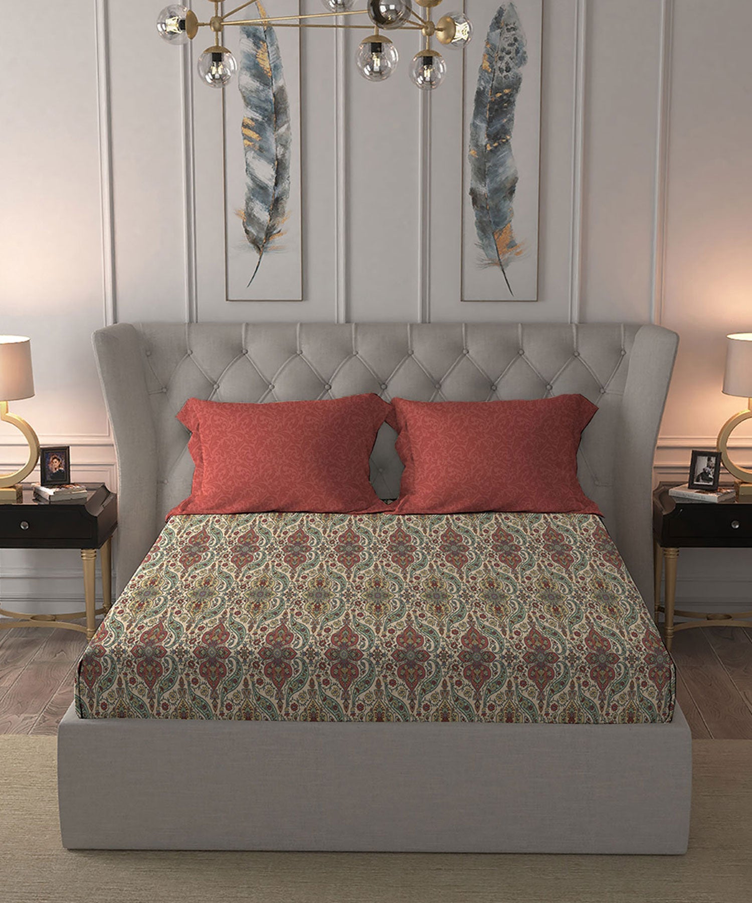 Celebration Queen Bedsheet Set, Feza Beige|144 TC Cotton|2 Pillow Covers