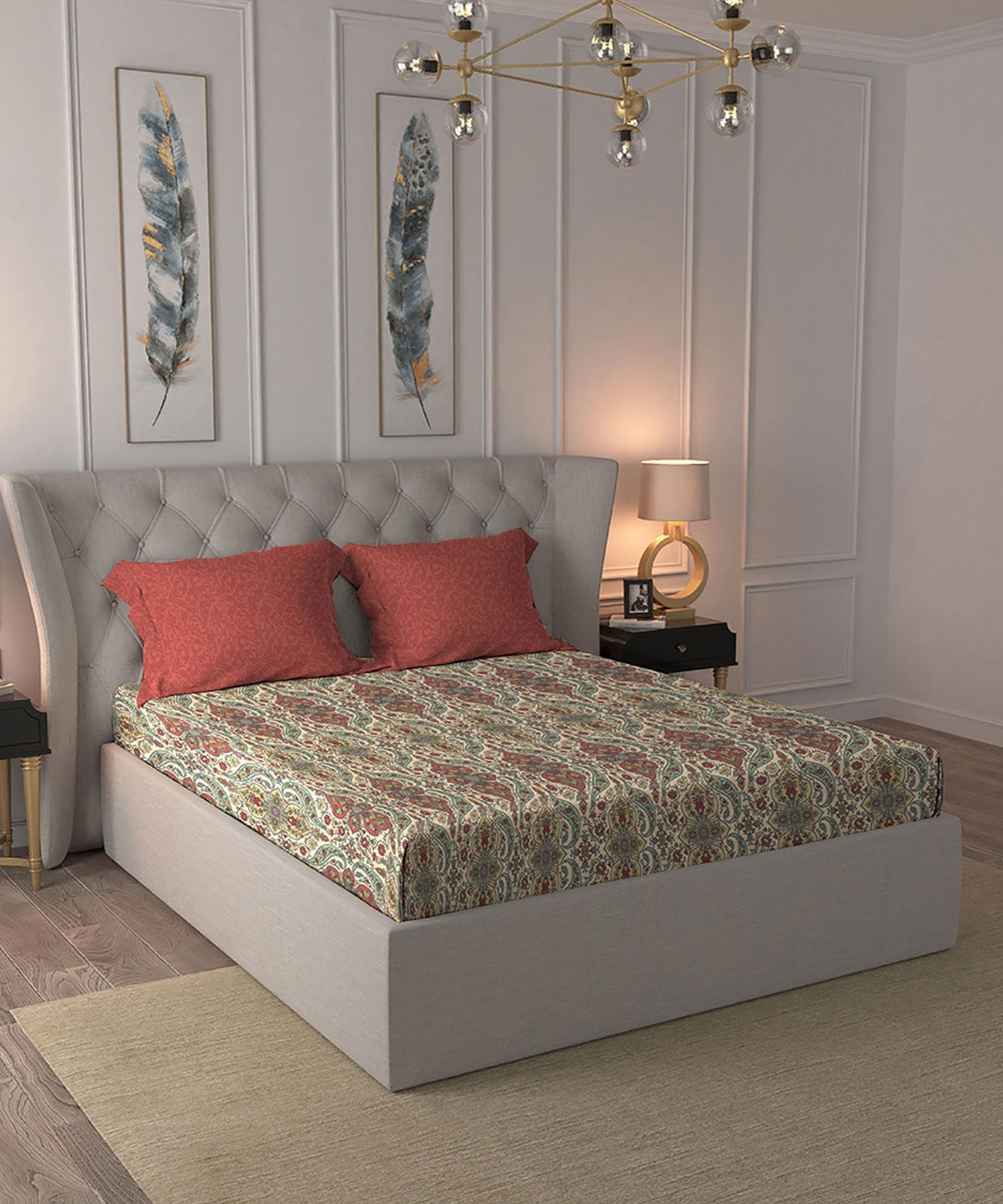 Celebration Queen Bedsheet Set, Feza Beige|144 TC Cotton|2 Pillow Covers