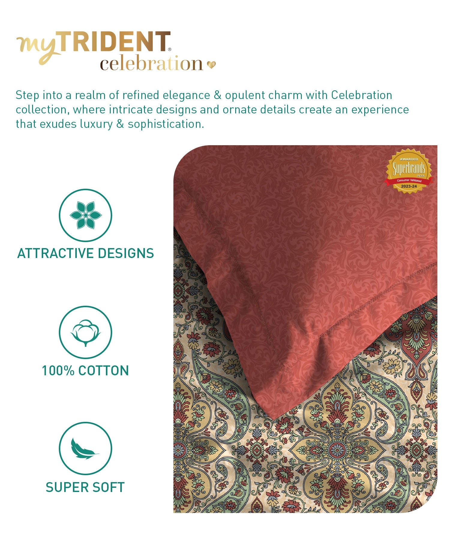 Celebration Queen Bedsheet Set, Feza Beige|144 TC Cotton|2 Pillow Covers