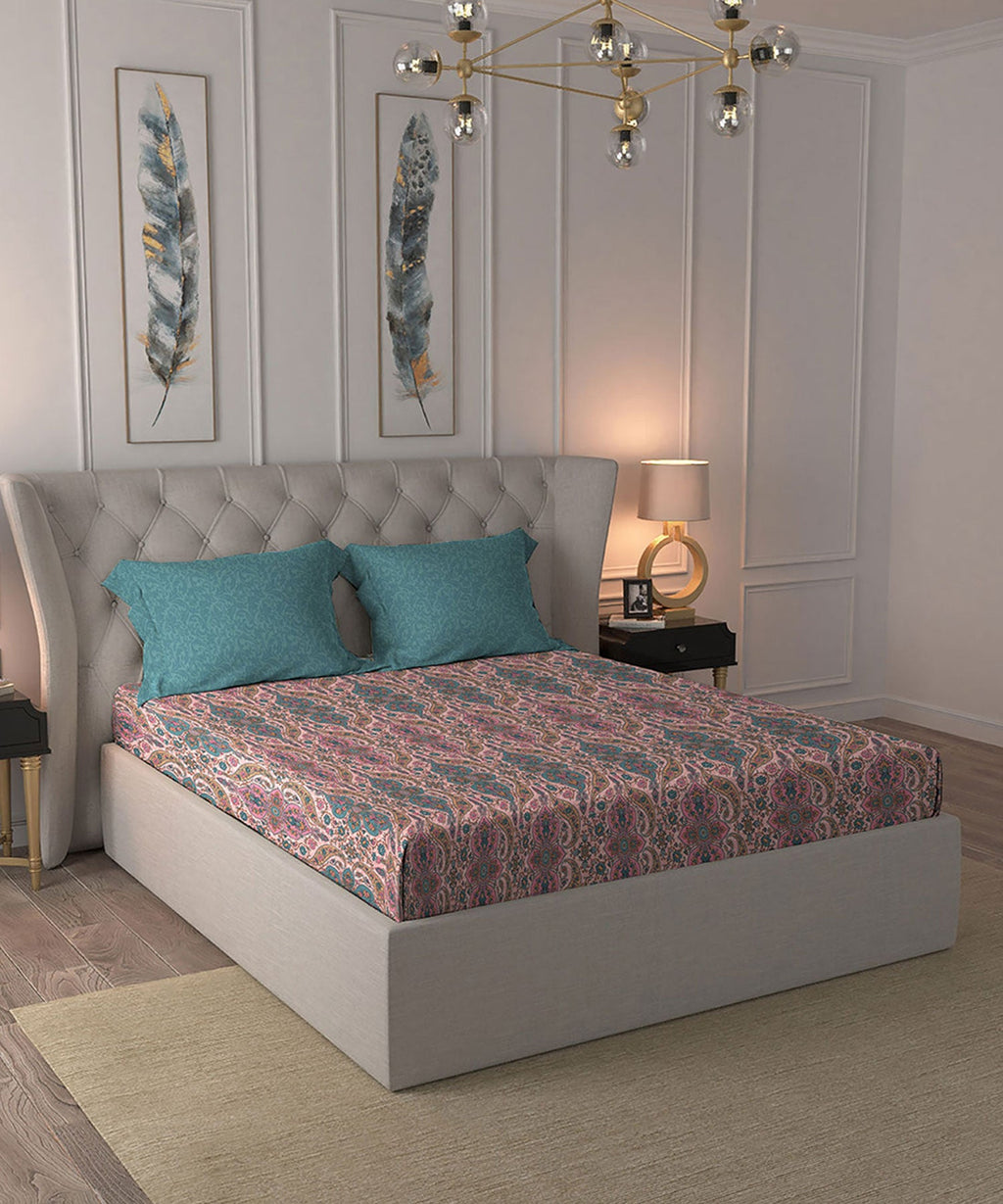 Celebration Queen Bedsheet Set, Feza Pink|144 TC Cotton|2 Pillow Covers