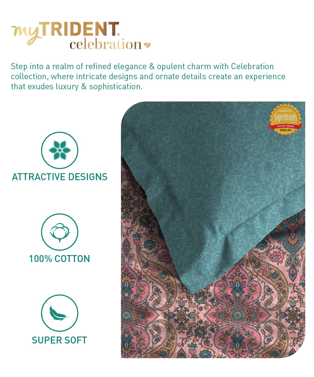 Celebration Queen Bedsheet Set, Feza Pink|144 TC Cotton|2 Pillow Covers