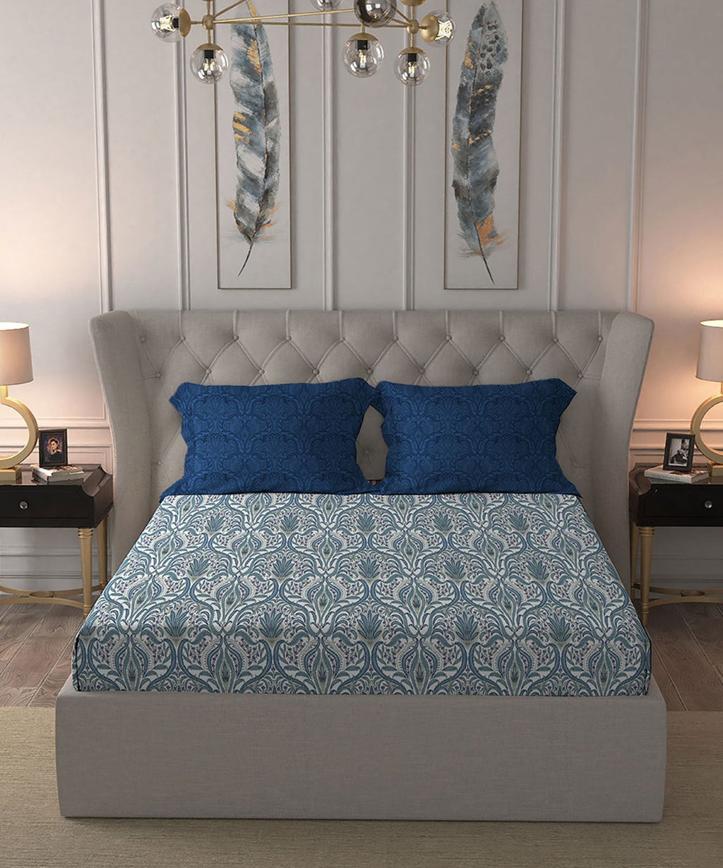 Celebration Queen Bedsheet Set, Gulnaz Blue|144 TC Cotton|2 Pillow Covers