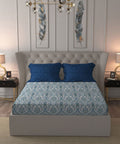 Celebration Queen Bedsheet Set, Gulnaz Blue|144 TC Cotton|2 Pillow Covers