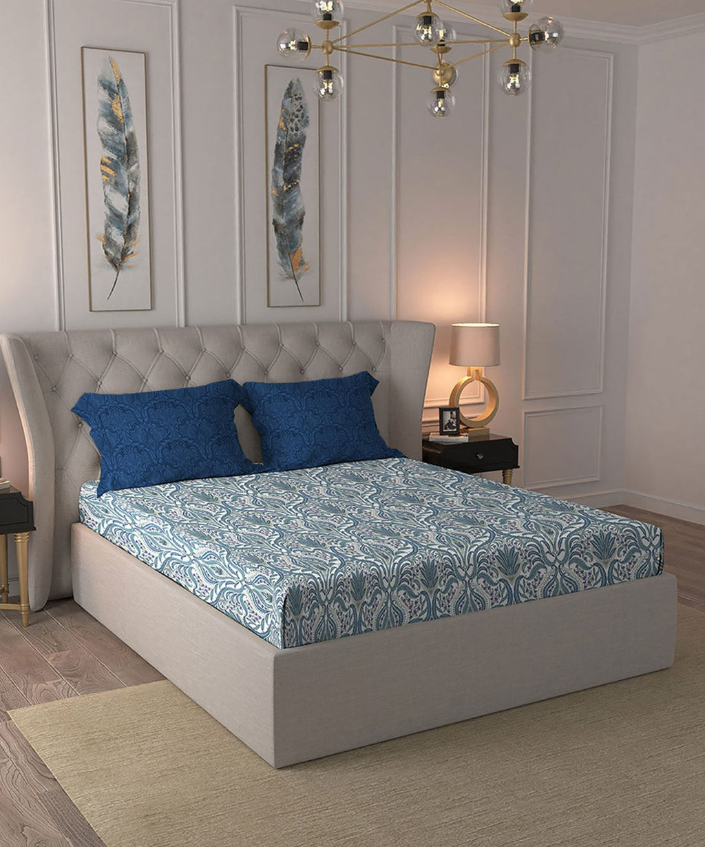 Celebration Queen Bedsheet Set, Gulnaz Blue|144 TC Cotton|2 Pillow Covers