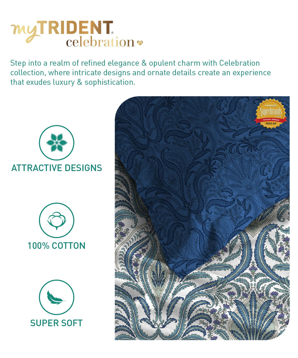 Celebration Queen Bedsheet Set, Gulnaz Blue|144 TC Cotton|2 Pillow Covers