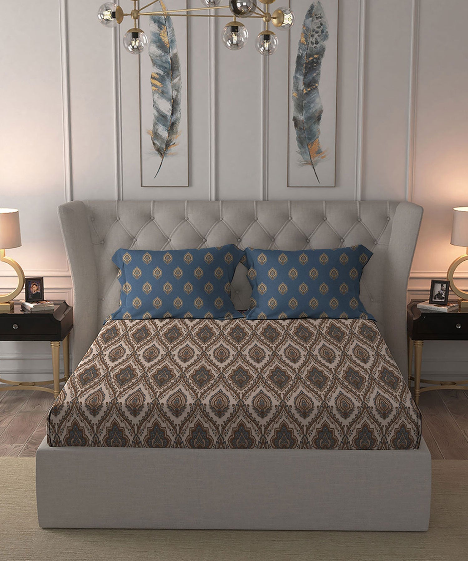 Celebration Queen Bedsheet Set, Noor Beige|144 TC Cotton|2 Pillow Covers