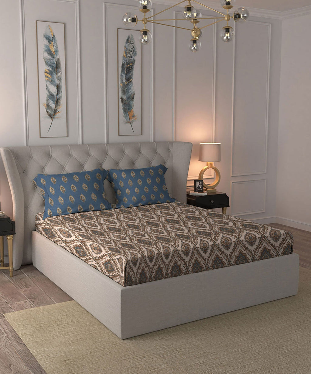 Celebration Queen Bedsheet Set, Noor Beige|144 TC Cotton|2 Pillow Covers