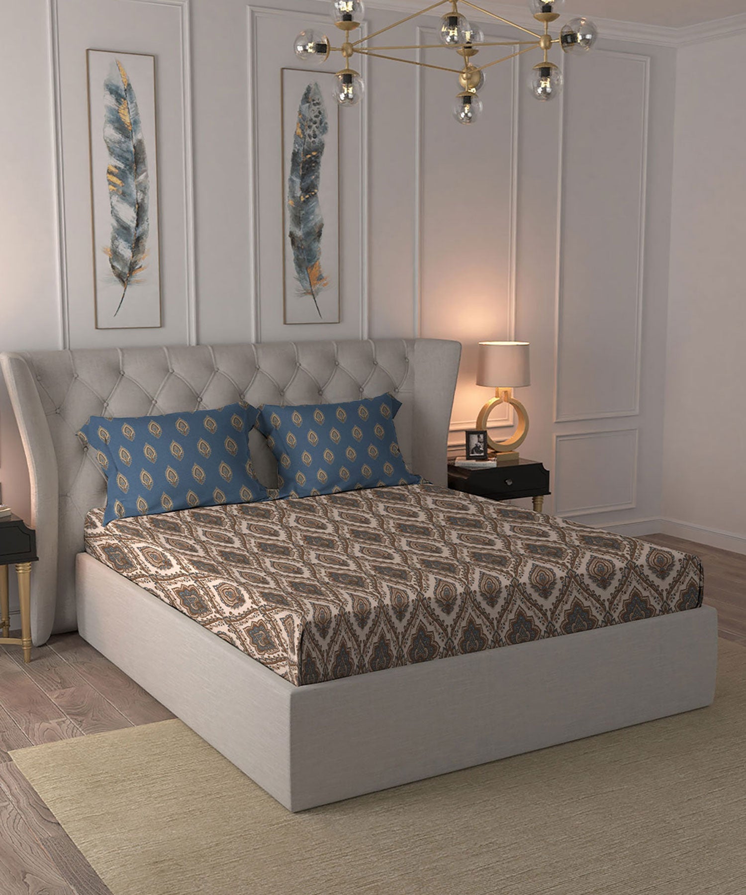 Celebration Queen Bedsheet Set, Noor Beige|144 TC Cotton|2 Pillow Covers