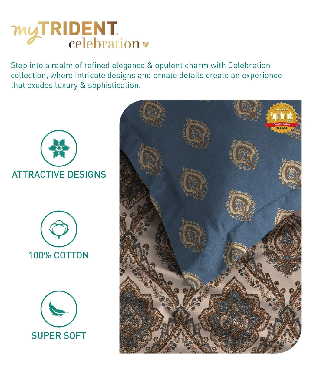 Celebration Queen Bedsheet Set, Noor Beige|144 TC Cotton|2 Pillow Covers