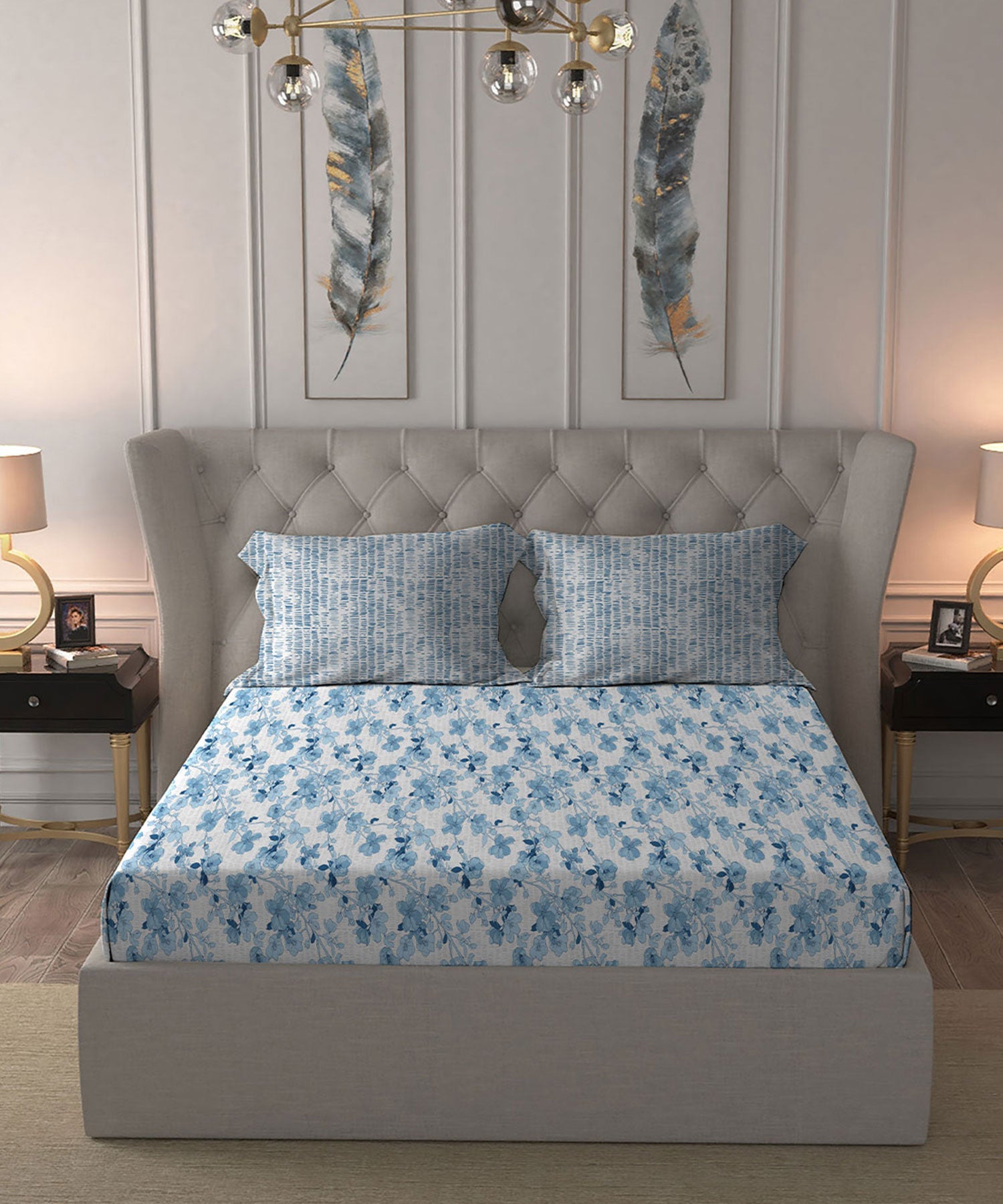 Celebration Queen Bedsheet Set, Shabnam Blue|144 TC Cotton|2 Pillow Covers