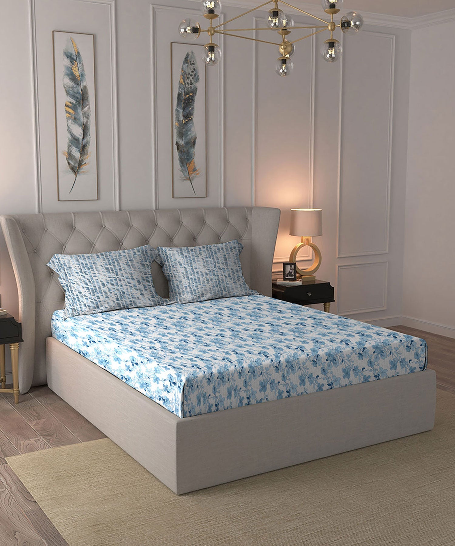 Celebration Queen Bedsheet Set, Shabnam Blue|144 TC Cotton|2 Pillow Covers