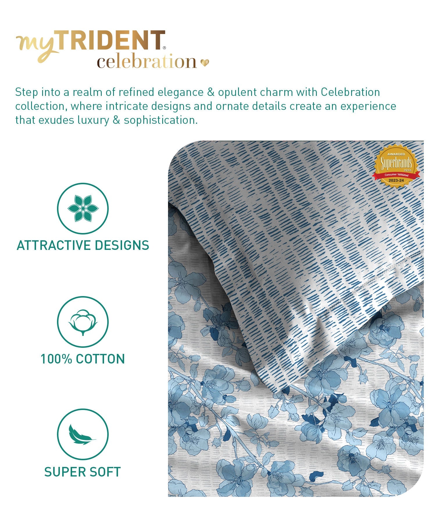 Celebration Queen Bedsheet Set, Shabnam Blue|144 TC Cotton|2 Pillow Covers