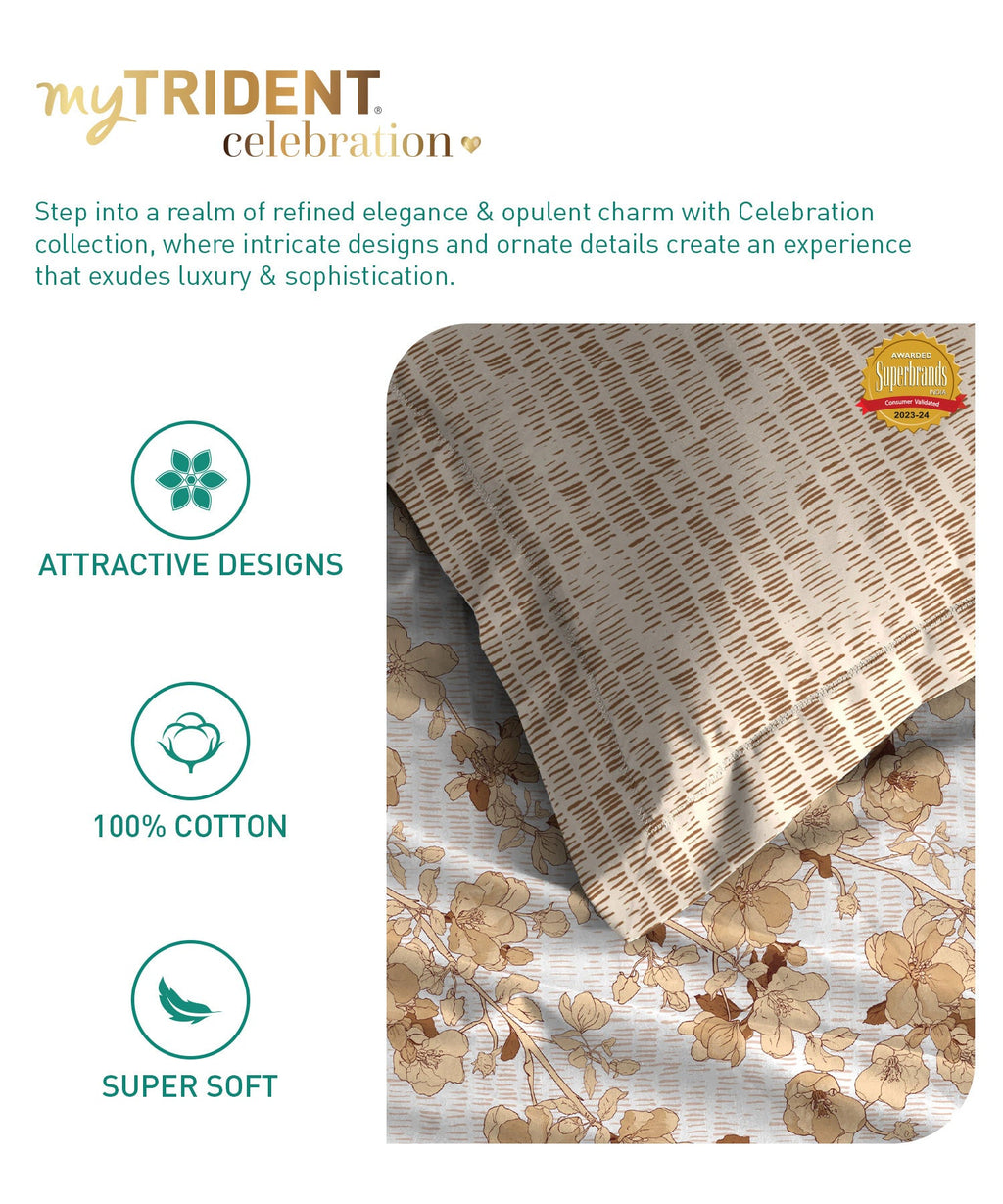 Celebration Queen Bedsheet Set, Shabnam Brown|144 TC Cotton|2 Pillow Covers