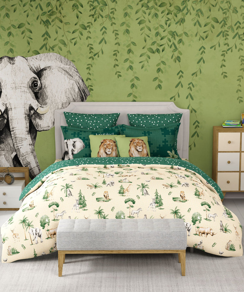 Juniors Double Bedsheet, Jigsaw Jungle| 144TC Cotton|2 Pillow Covers & 2 Cushion Covers