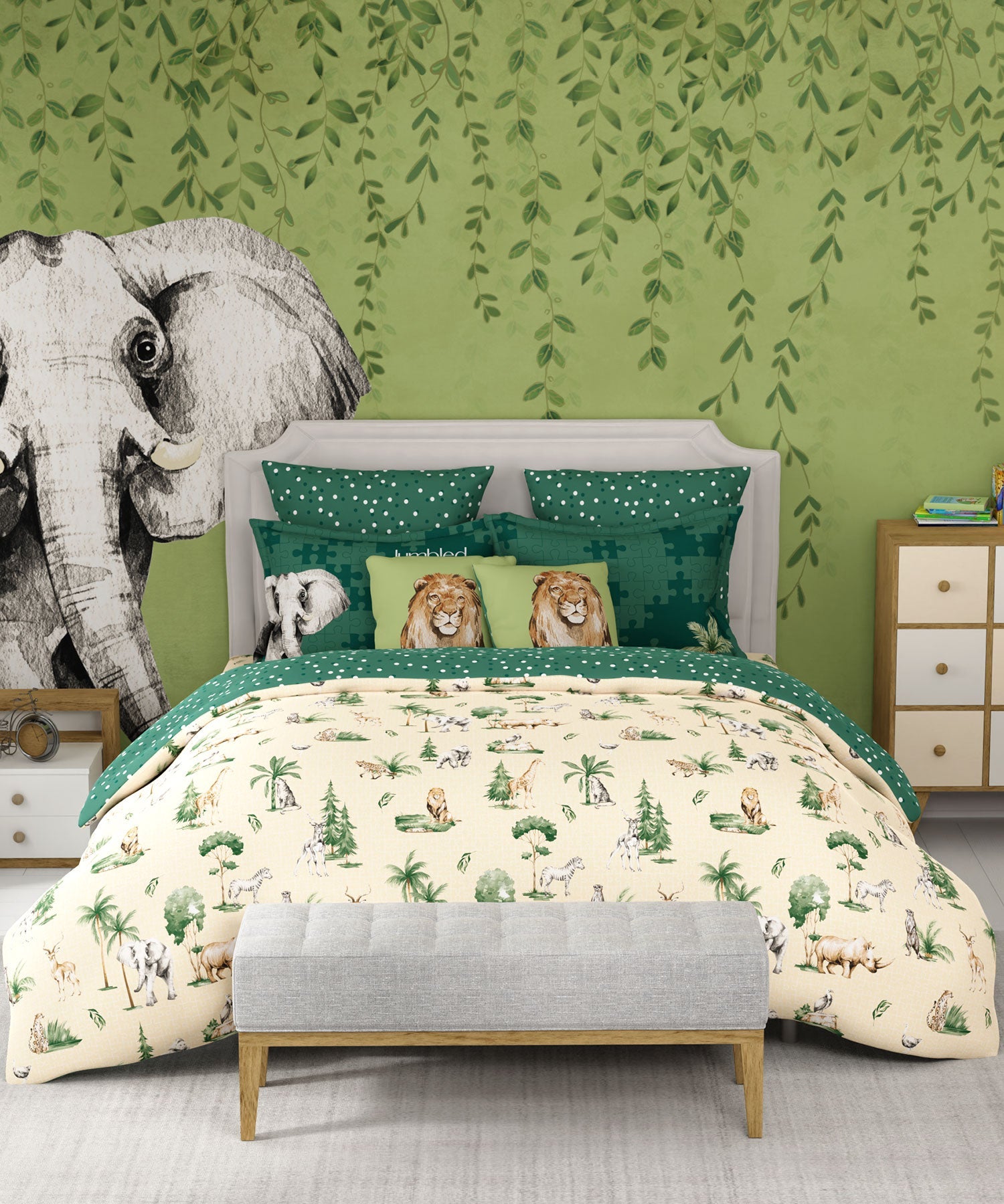 Juniors Double Bedsheet, Jigsaw Jungle| 144TC Cotton|2 Pillow Covers & 2 Cushion Covers