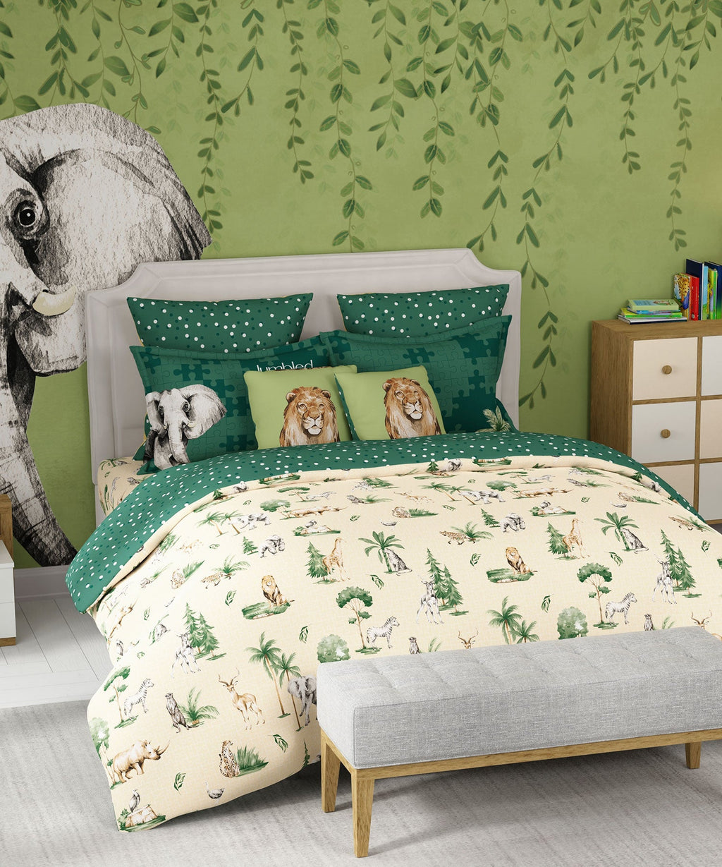 Juniors Double Bedsheet, Jigsaw Jungle| 144TC Cotton|2 Pillow Covers & 2 Cushion Covers