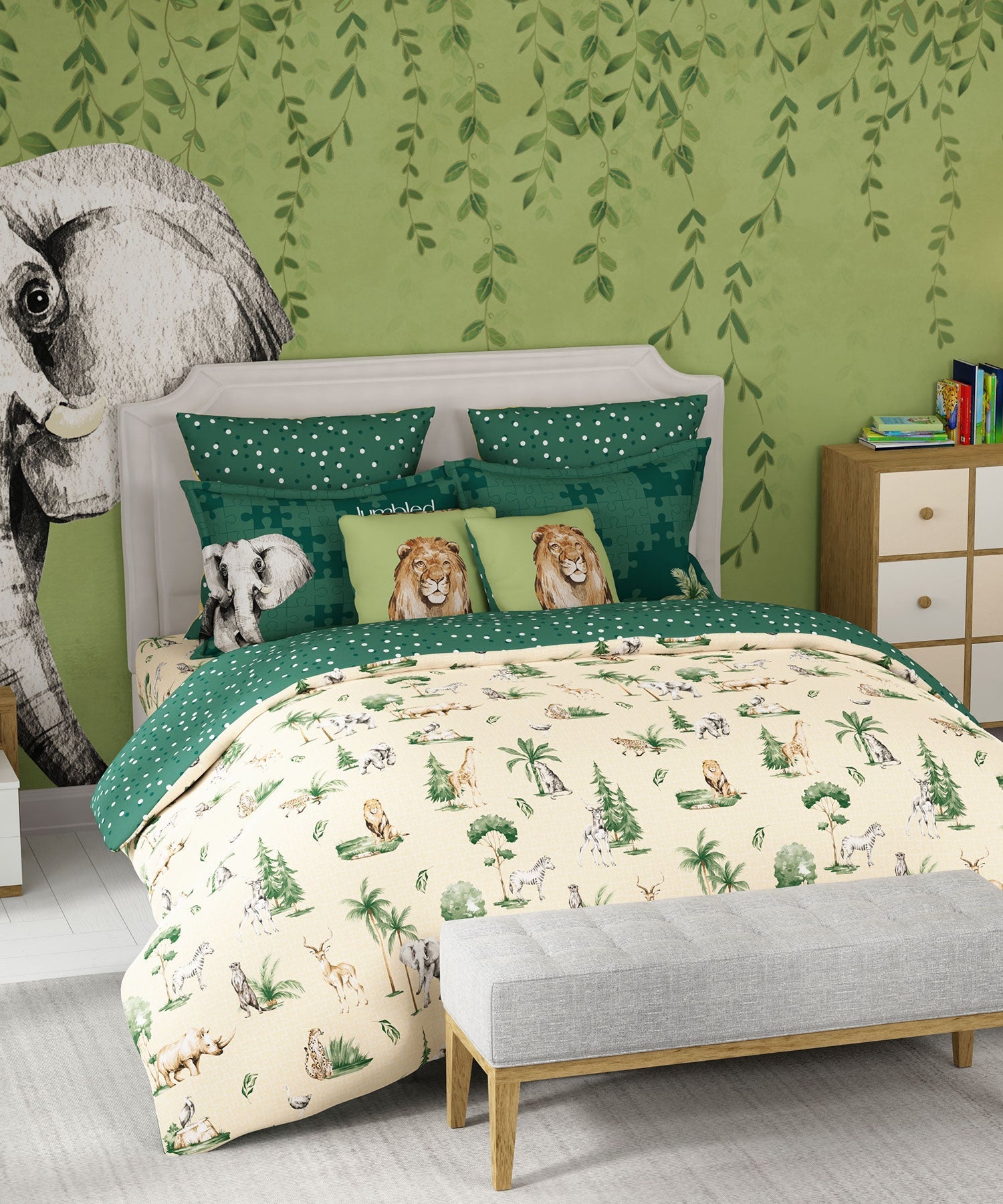 Juniors Double Bedsheet, Jigsaw Jungle| 144TC Cotton|2 Pillow Covers & 2 Cushion Covers