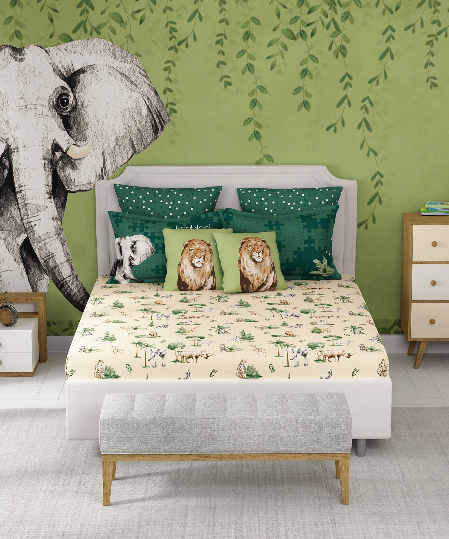 Juniors Double Bedsheet, Jigsaw Jungle| 144TC Cotton|2 Pillow Covers & 2 Cushion Covers