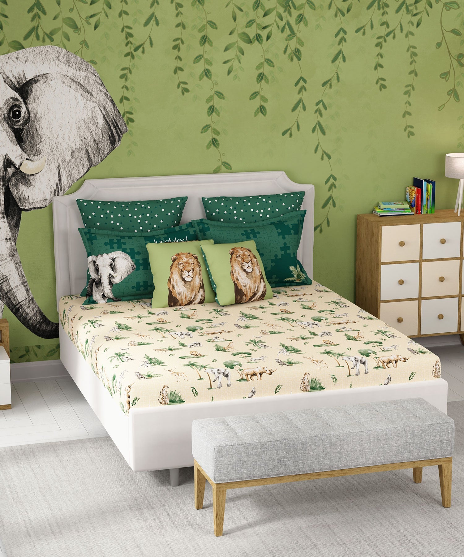 Juniors Double Bedsheet, Jigsaw Jungle| 144TC Cotton|2 Pillow Covers & 2 Cushion Covers