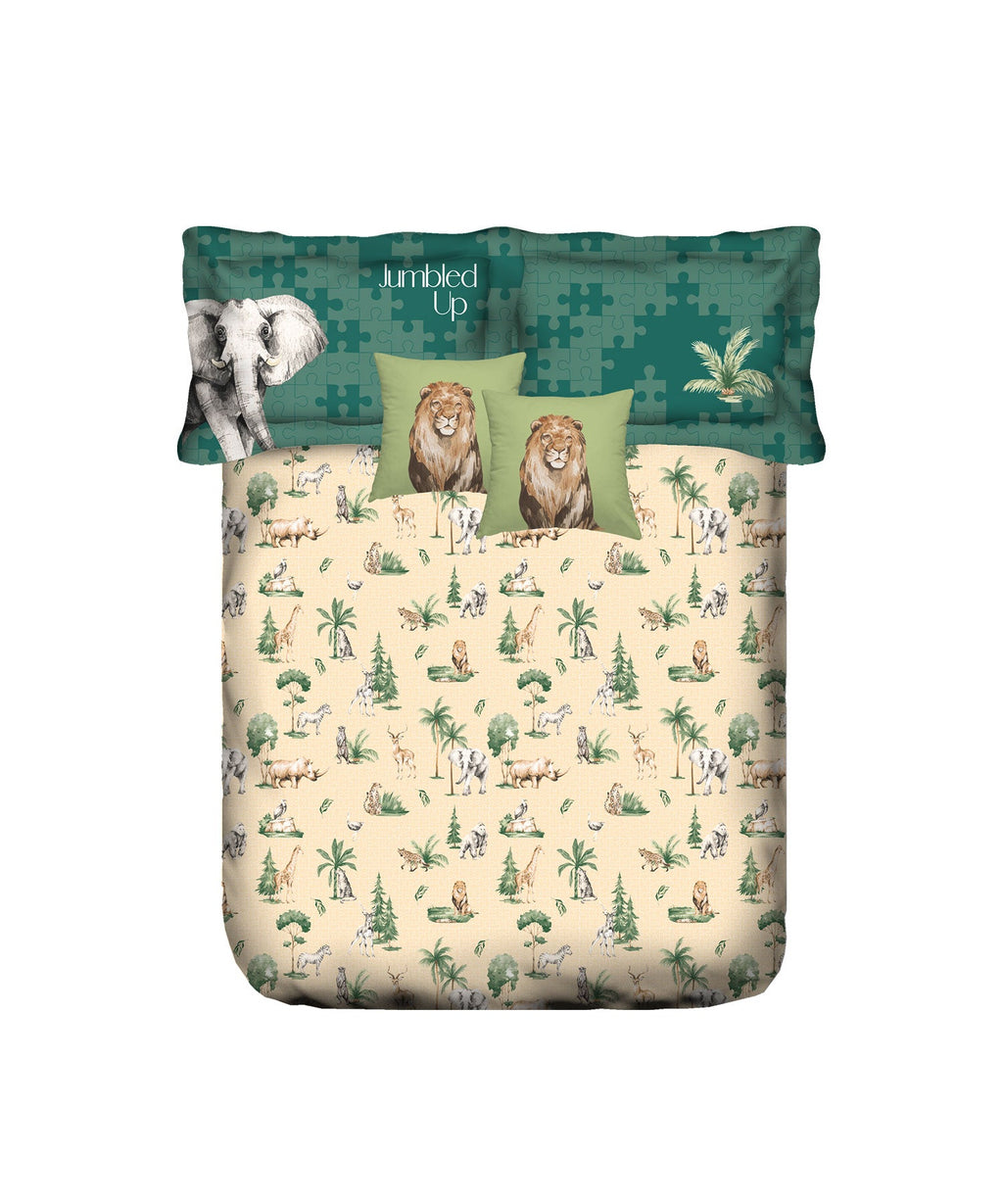 Juniors Double Bedsheet, Jigsaw Jungle| 144TC Cotton|2 Pillow Covers & 2 Cushion Covers