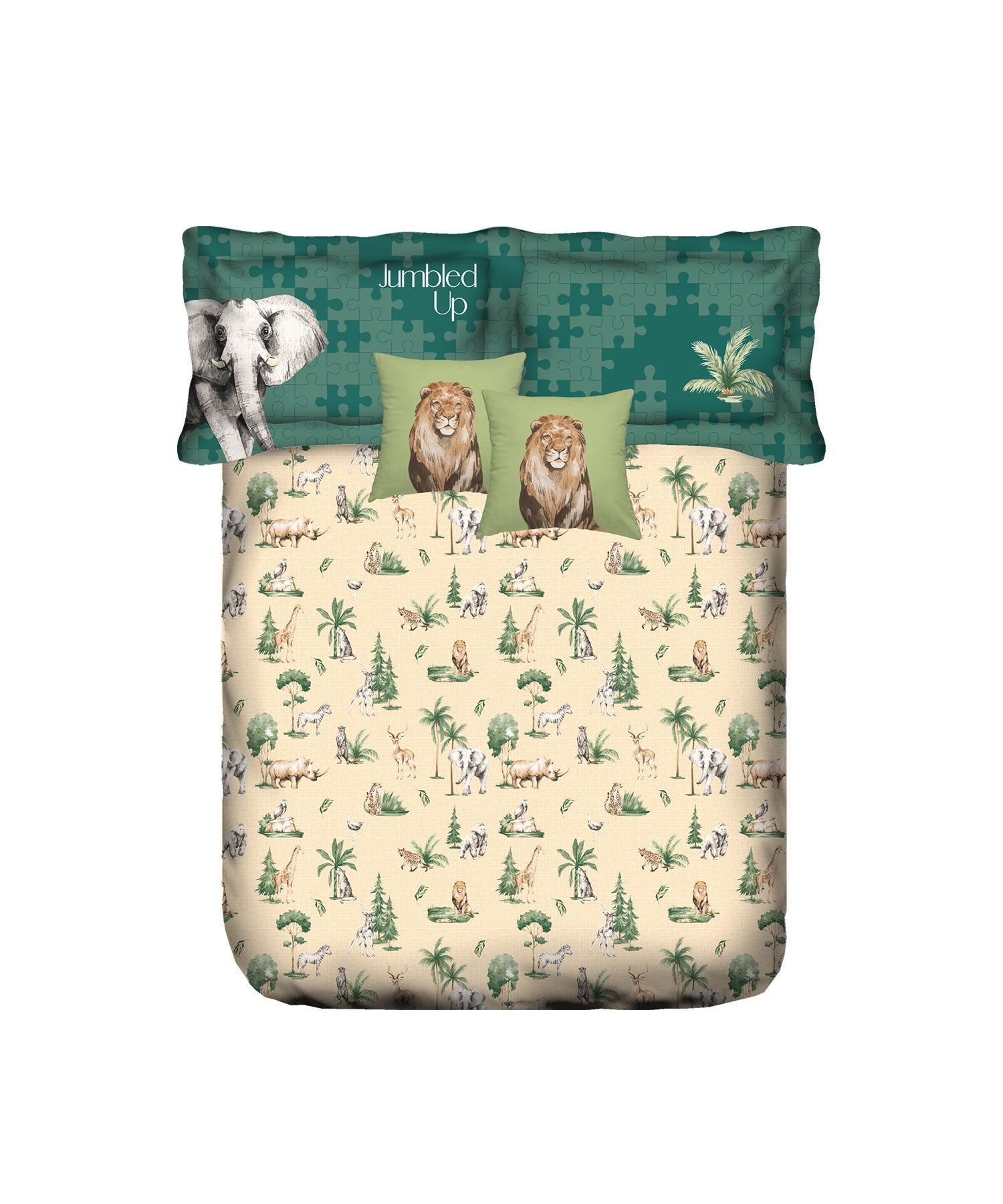 Juniors Double Bedsheet, Jigsaw Jungle| 144TC Cotton|2 Pillow Covers & 2 Cushion Covers