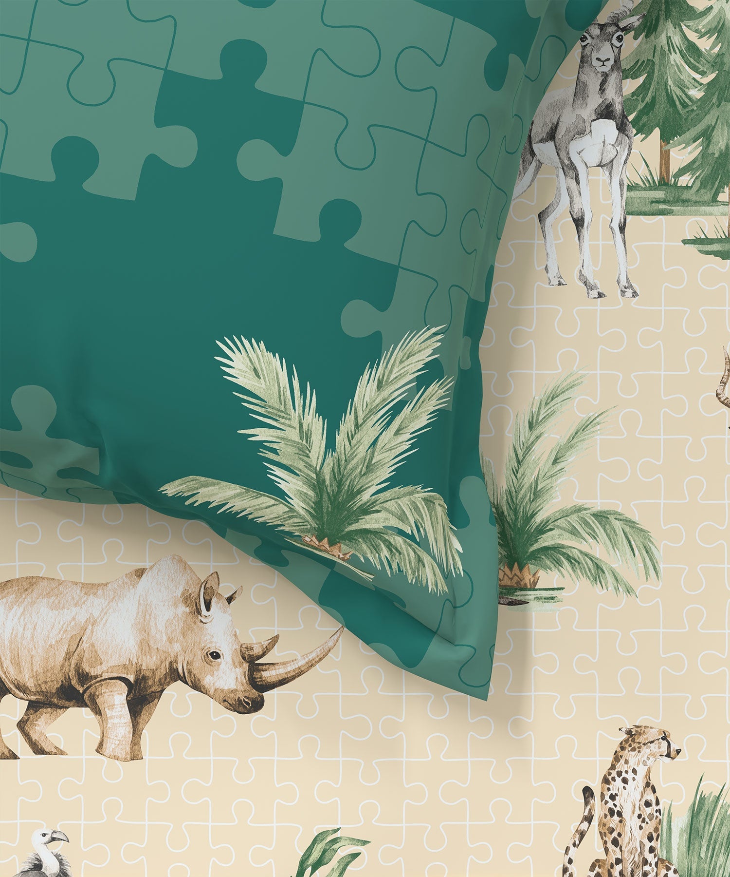 Juniors Double Bedsheet, Jigsaw Jungle| 144TC Cotton|2 Pillow Covers & 2 Cushion Covers