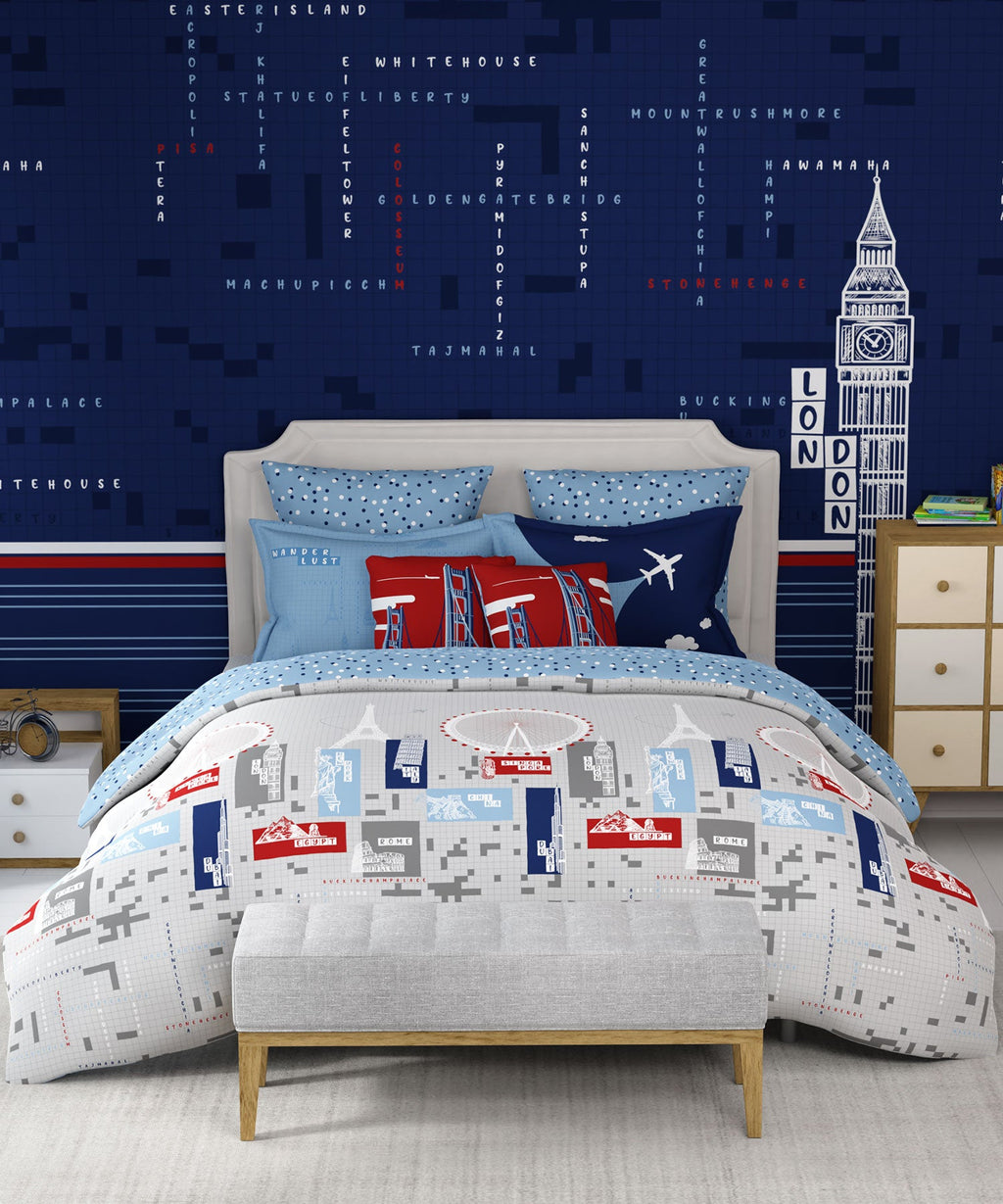 Juniors Double Bedsheet, Crossword| 144TC Cotton|2 Pillow Covers & 2 Cushion Covers