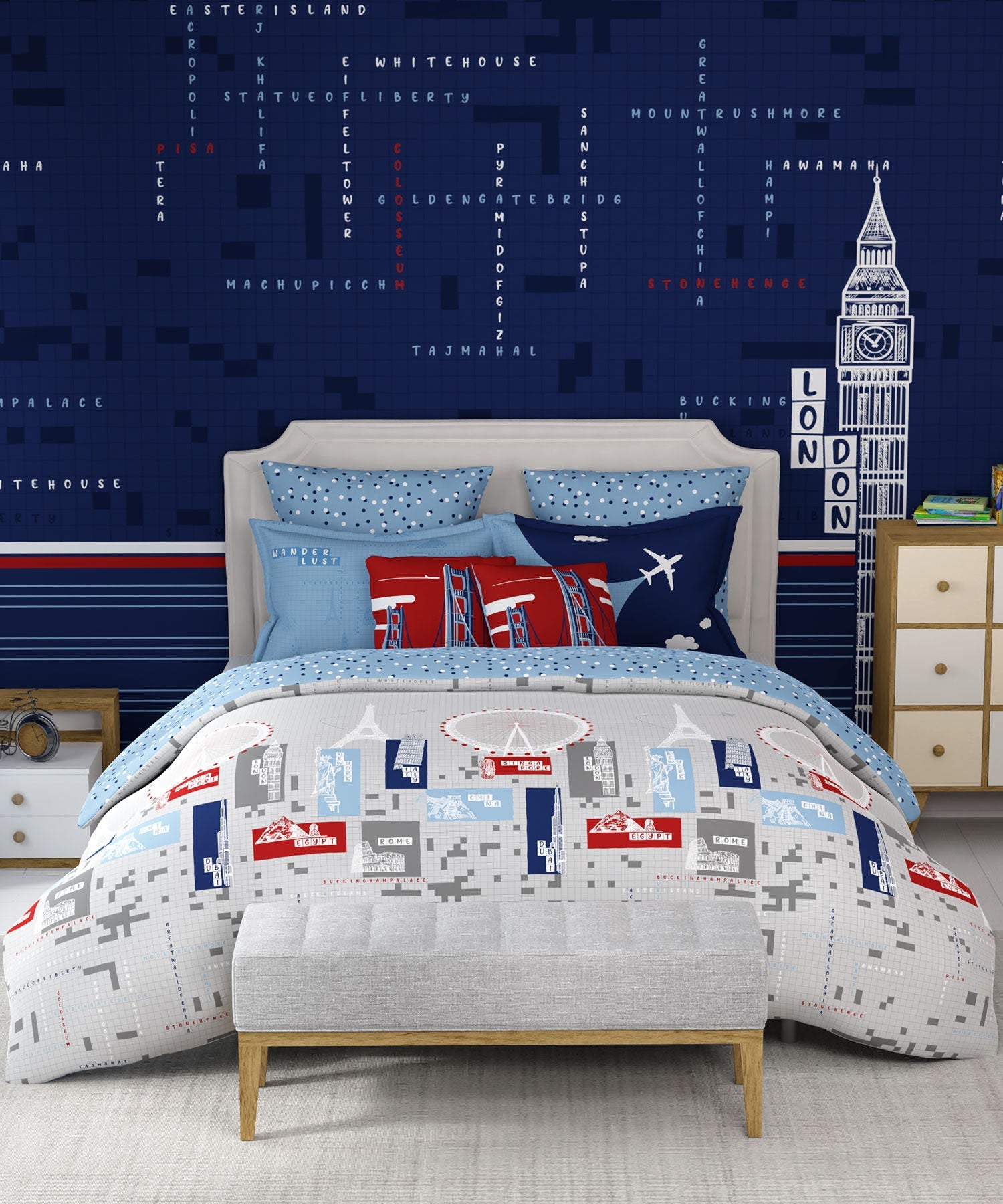 Juniors Double Bedsheet, Crossword| 144TC Cotton|2 Pillow Covers & 2 Cushion Covers