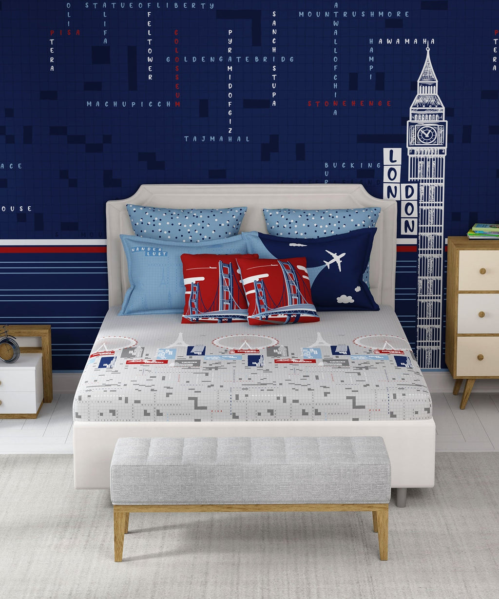 Juniors Double Bedsheet, Crossword| 144TC Cotton|2 Pillow Covers & 2 Cushion Covers